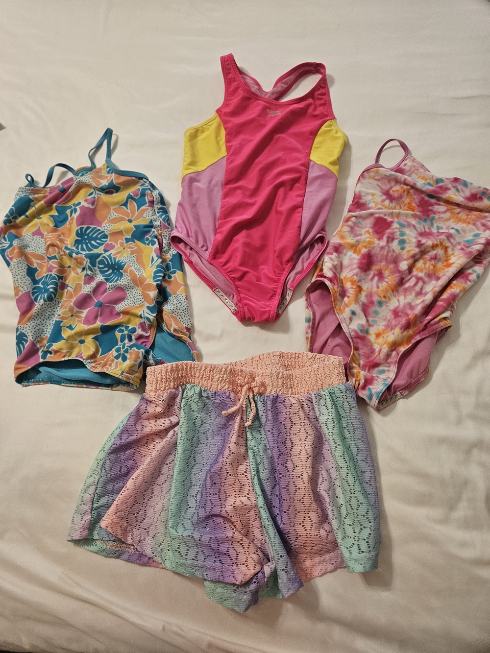 3 Speedo Girls'  One-Piece Swimsuits and Justice Swim Cover Shorts